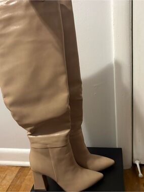 Women's Knee-High Pointed Toe Block Heel Boots in Nude